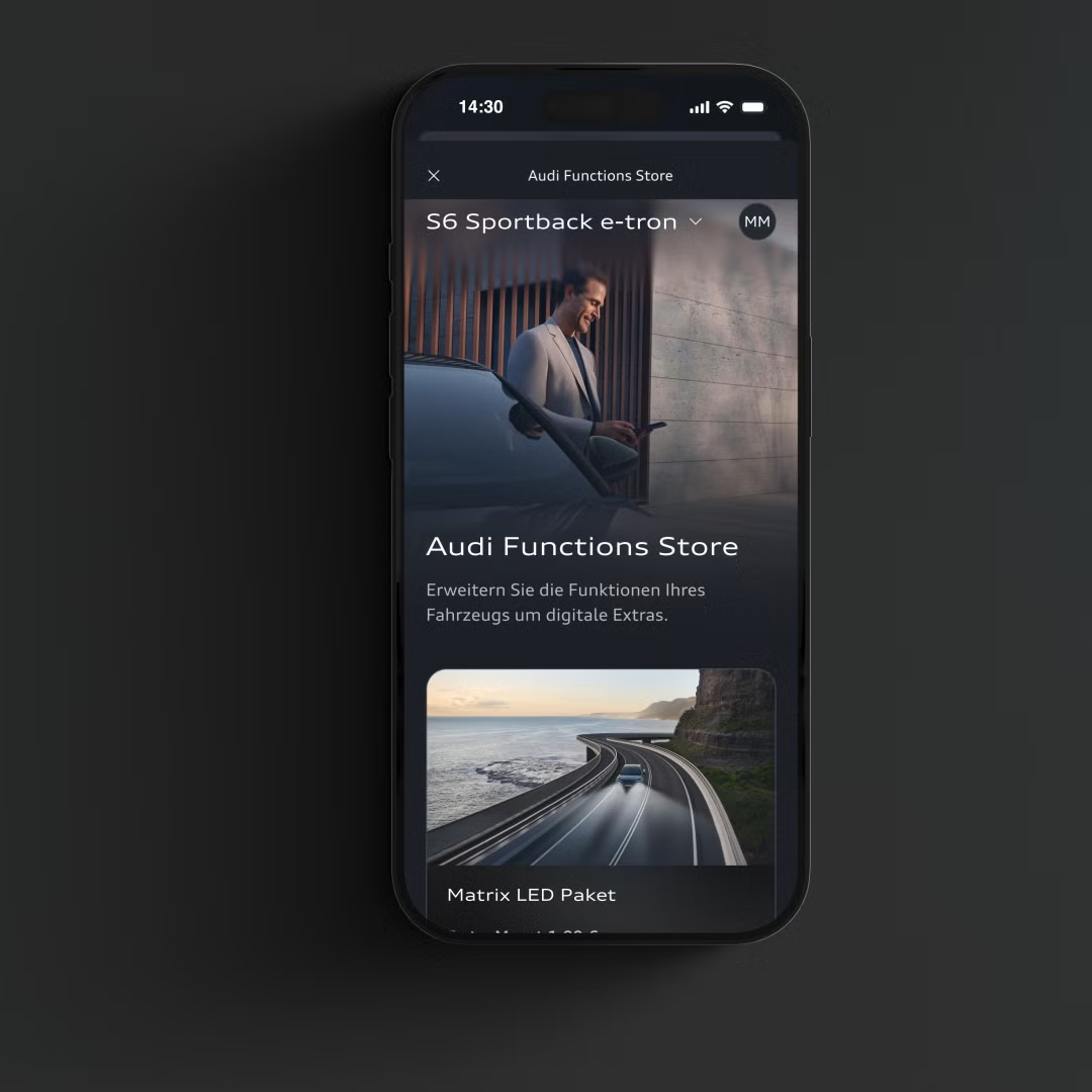 Екран на смартфон отворен на Audi Functions Store