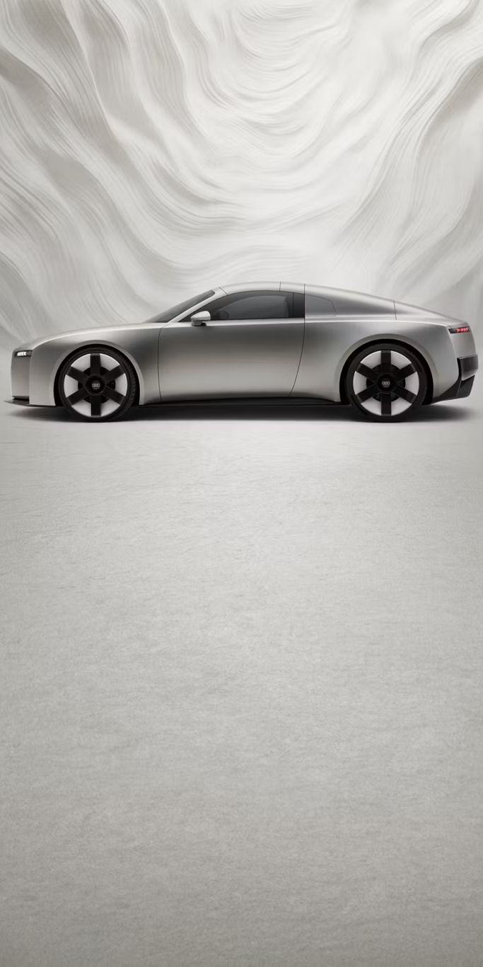 Seitliche Ansicht eines Audi Concept C vor einem graphischen Hintergrund